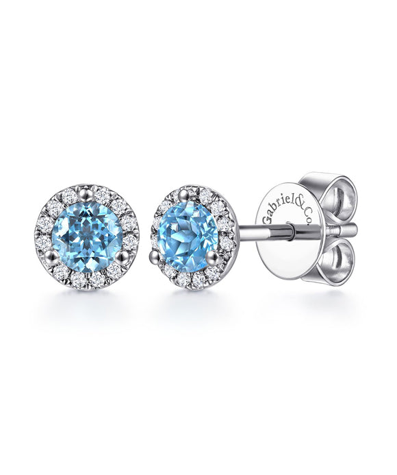 14K White Gold Round Cut Diamond Halo & Swiss Blue Topaz Stud Earrings
