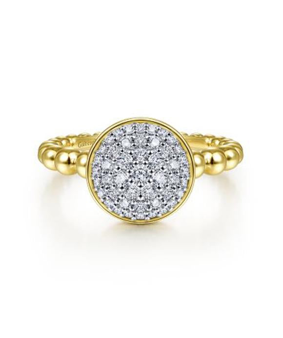 14K Yellow Gold Round Diamond Pavé Center Ring with Bujukan Bead Shank