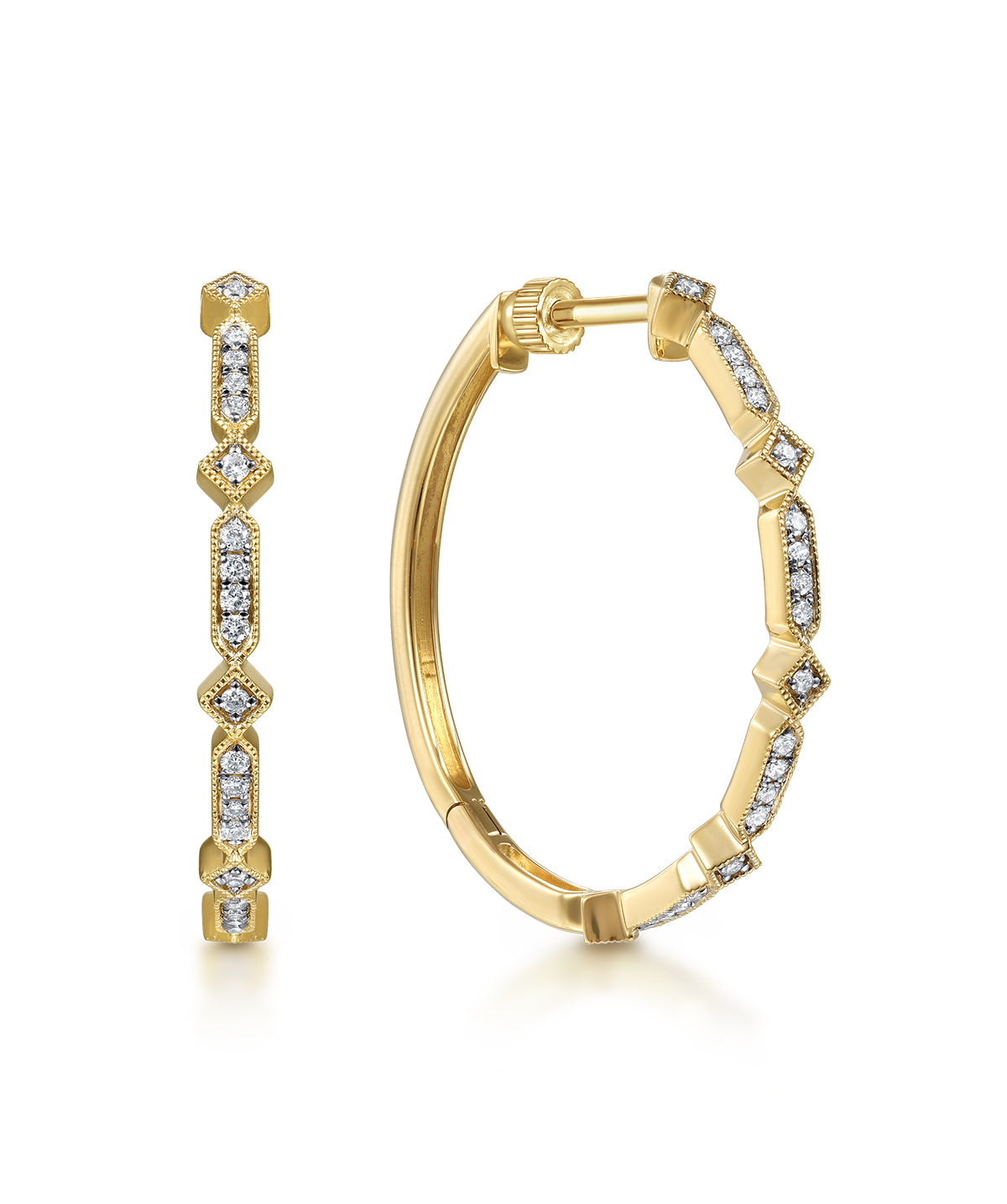 14K Yellow Gold 30mm Classic Vintage Inspired Diamond Hoop Earrings