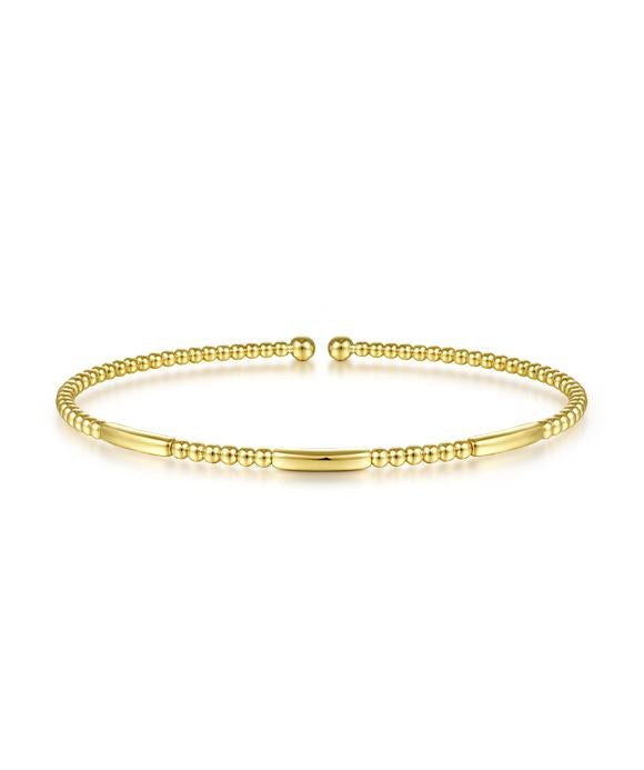 14K Yellow Gold Alternating Bujukan Bead and Plain Bar Cuff Bracelet