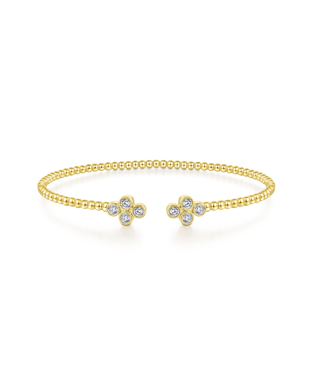 14K Yellow Gold Bujukan Bead Split Cuff Bracelet with Quatrefoil Diamond Endcaps
