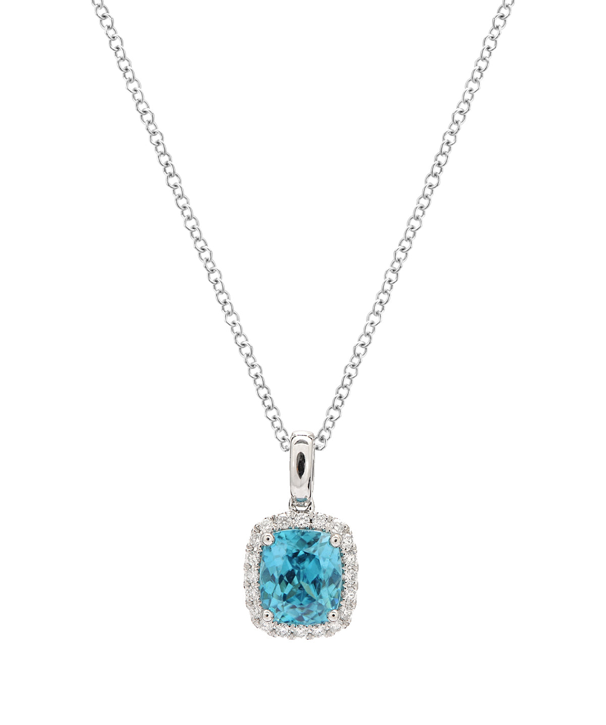 14K White Gold 3.45ct Blue Zircon and Diamond Halo Pendant