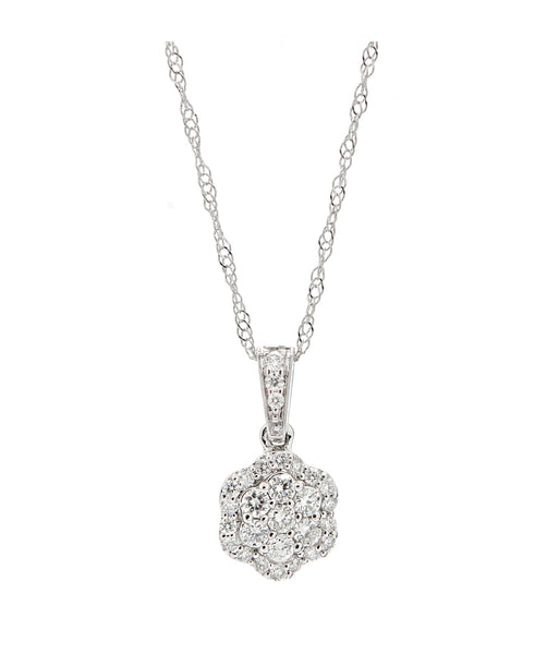 Round Cut Diamond V-Shape Cluster Pendant Necklace in White Gold