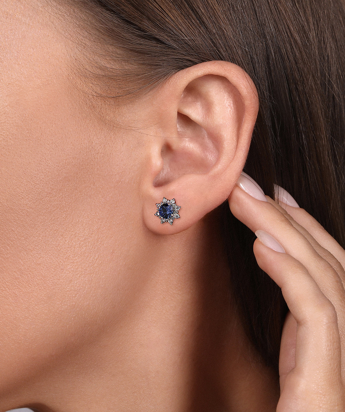 14K White Gold Diamond and 4.5mm Blue Sapphire Starburst Stud Earrings