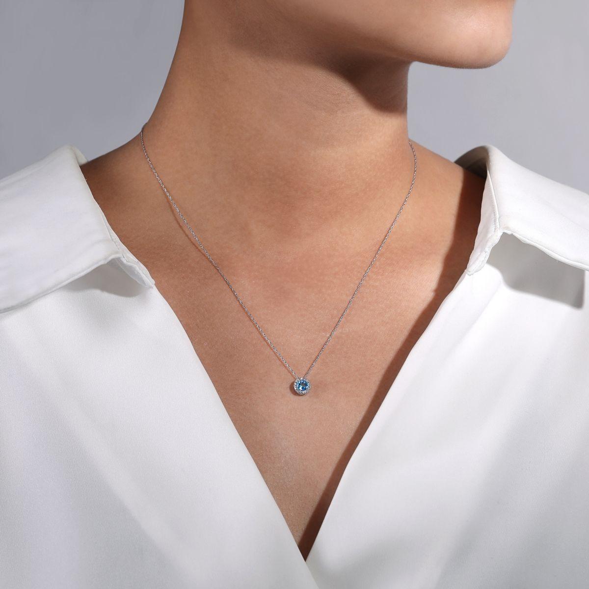 18 inch 14K White Gold Round Swiss Blue Topaz and Diamond Halo Necklace
