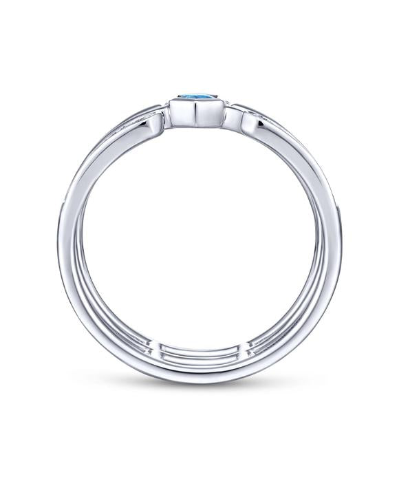 14K White Gold Triple Row Diamond and Blue Topaz Ring