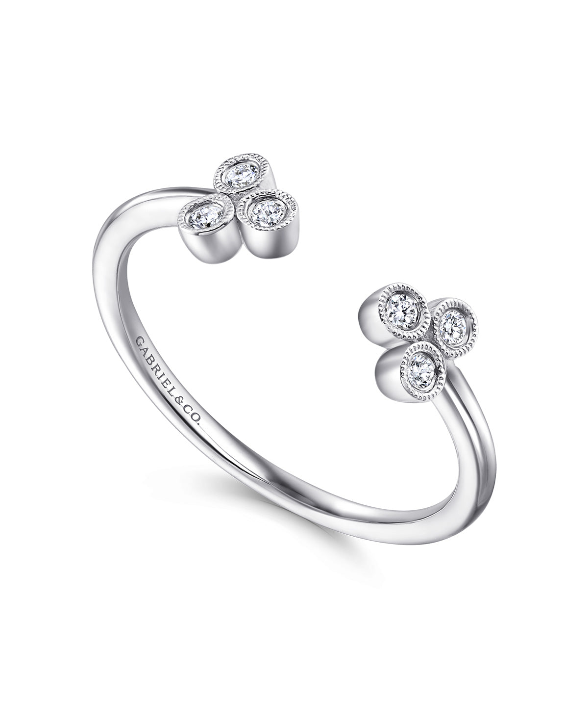 14K White Gold Split Ring with Bezel Set Triple Diamond Clusters