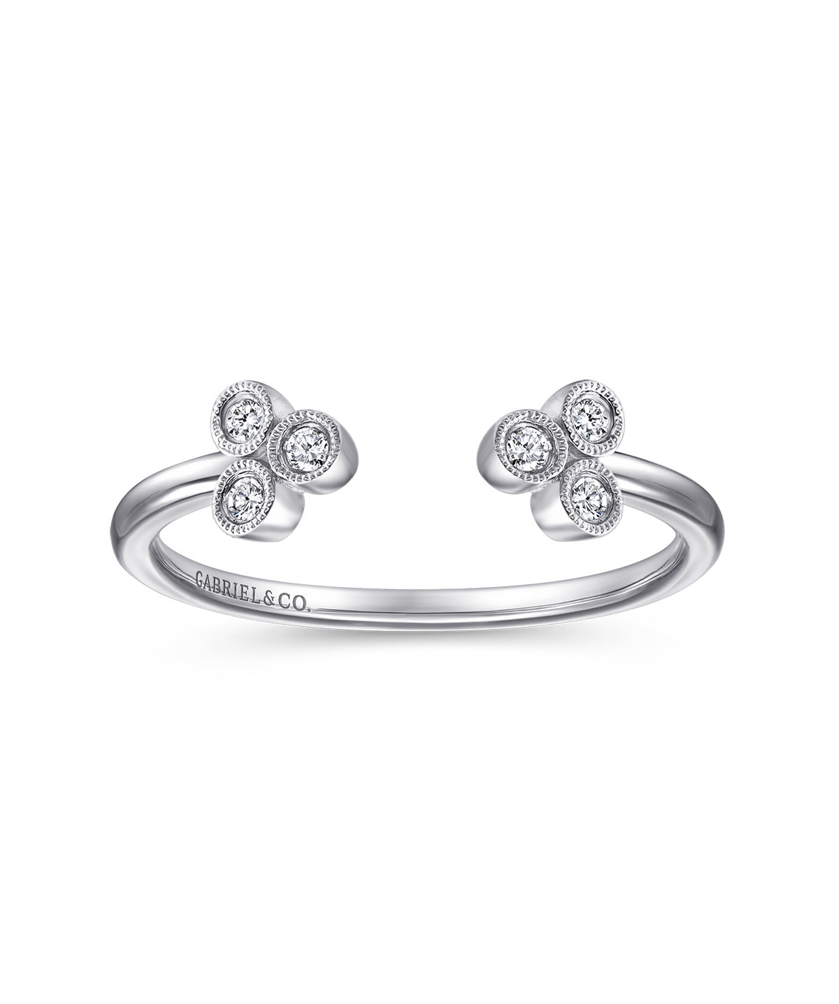 14K White Gold Split Ring with Bezel Set Triple Diamond Clusters