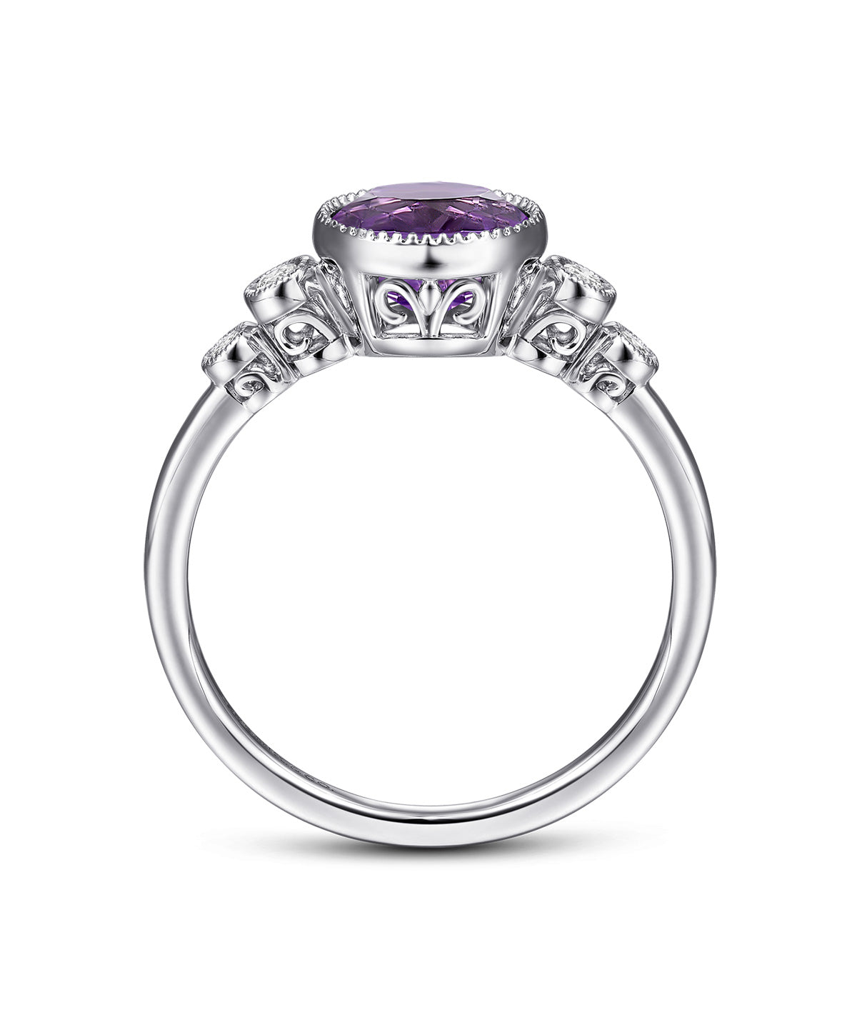 14K White Gold Round Bezel Set 5mm Amethyst and Diamond Ring