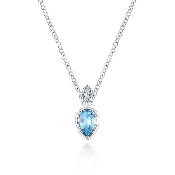 14K White Gold Pear Shape Swiss Blue Topaz Pendant Necklace with Diamond Accents
