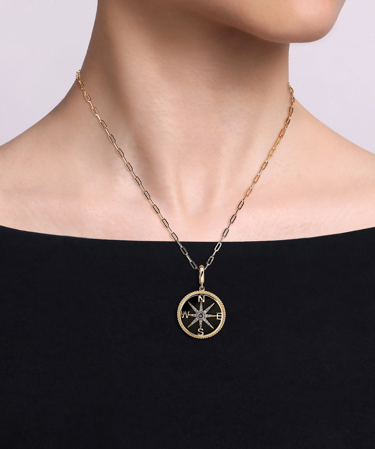 14K Yellow Gold and Sterling Silver Diamond Blue Sapphire Compass Pendant