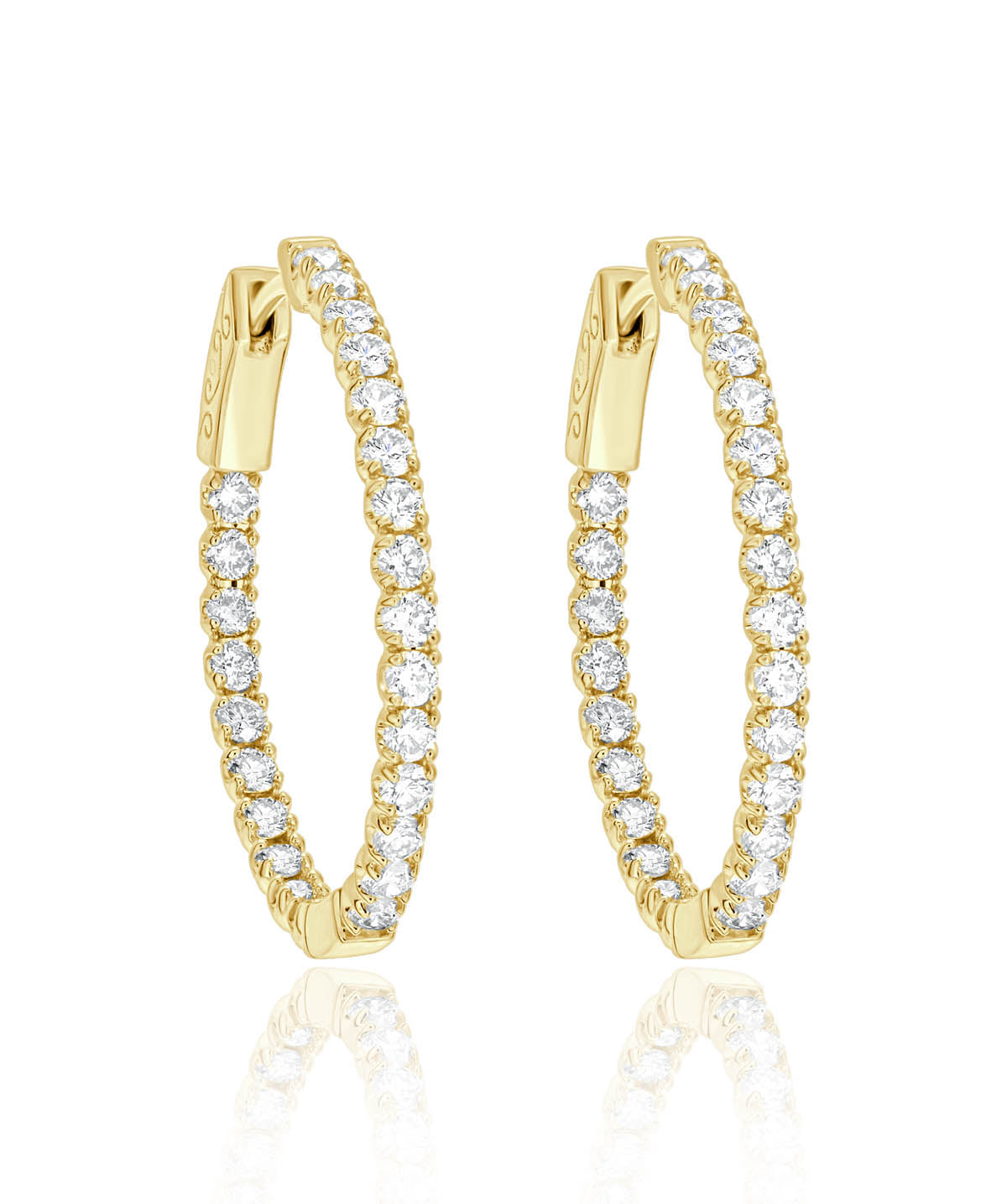 14K Yellow Gold Oval Inside Outside Diamond Hoop Earrings 2.00cttw