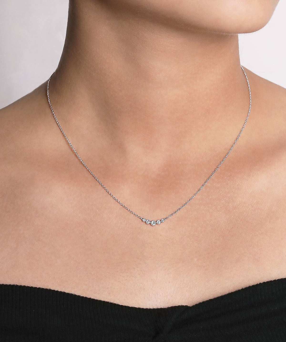 14K White Gold Curved Diamond Bar Necklace