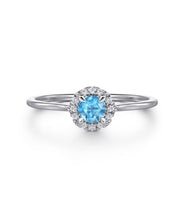 14K White Gold 4mm Blue Topaz and Diamond Halo Promise Ring