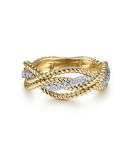 14K White-Yellow Gold Twisted Rope and Diamond Intersecting Ring