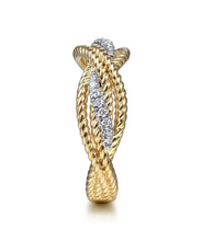 14K White-Yellow Gold Twisted Rope and Diamond Intersecting Ring