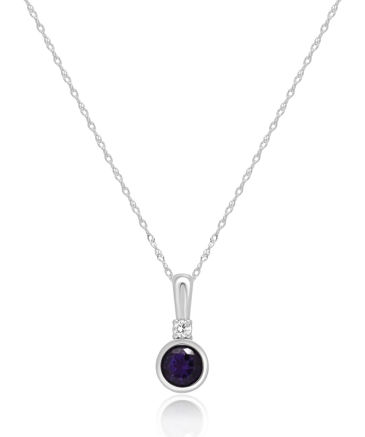 14K White Gold 6mm Amethyst and Diamond Accented Pendant