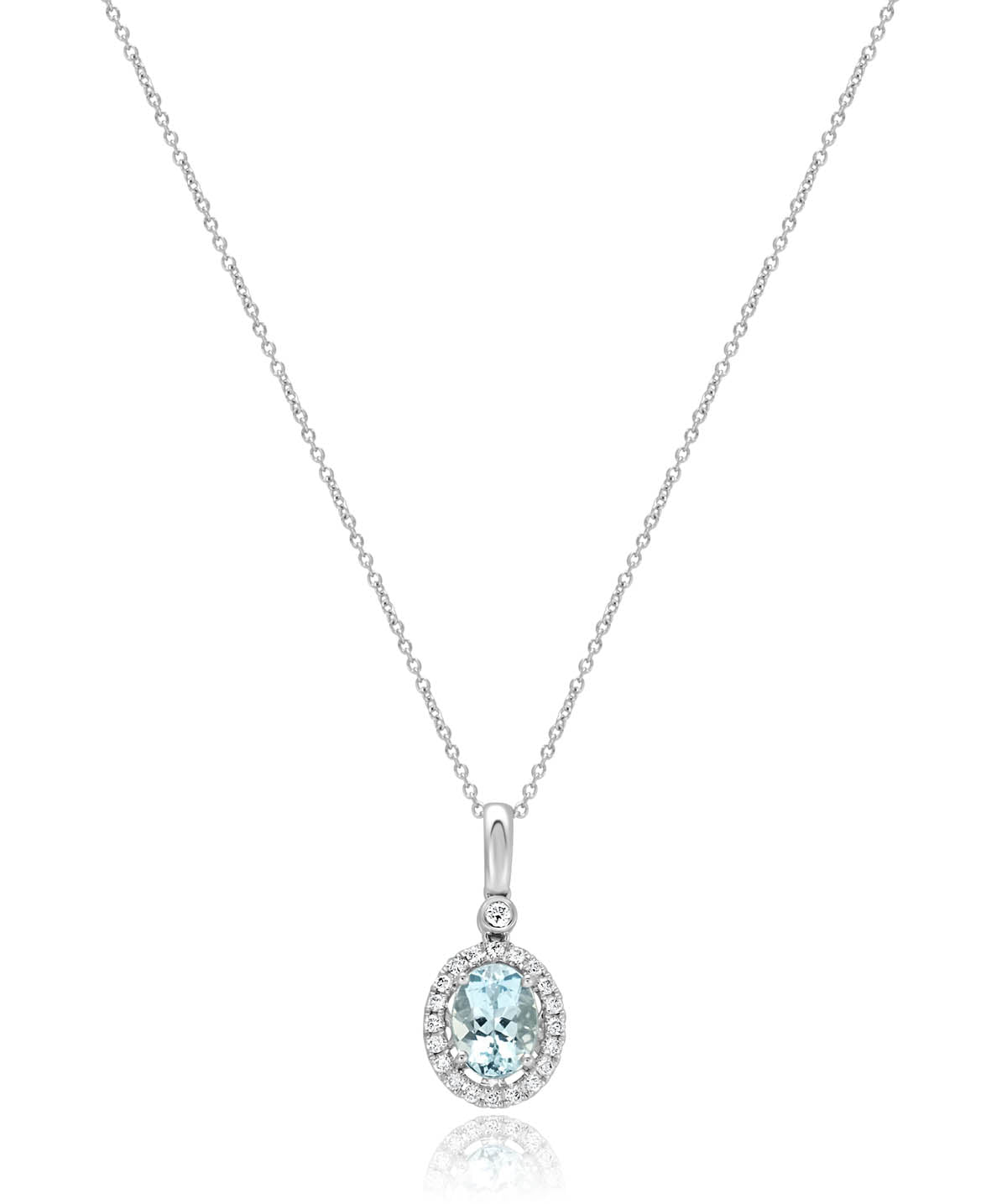 14K White Gold 1.00ct Oval Aquamarine and Diamond Halo Pendant Necklace