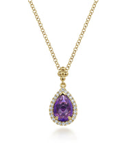 14K Yellow Gold Teardrop Amethyst with Diamond Halo Necklace