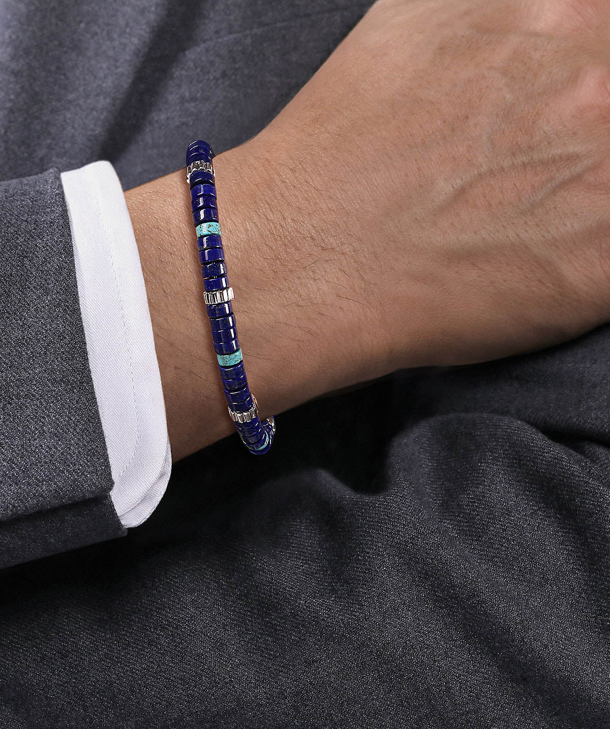 Sterling Silver Lapis and Turquoise Cylinder Beaded Bracelet