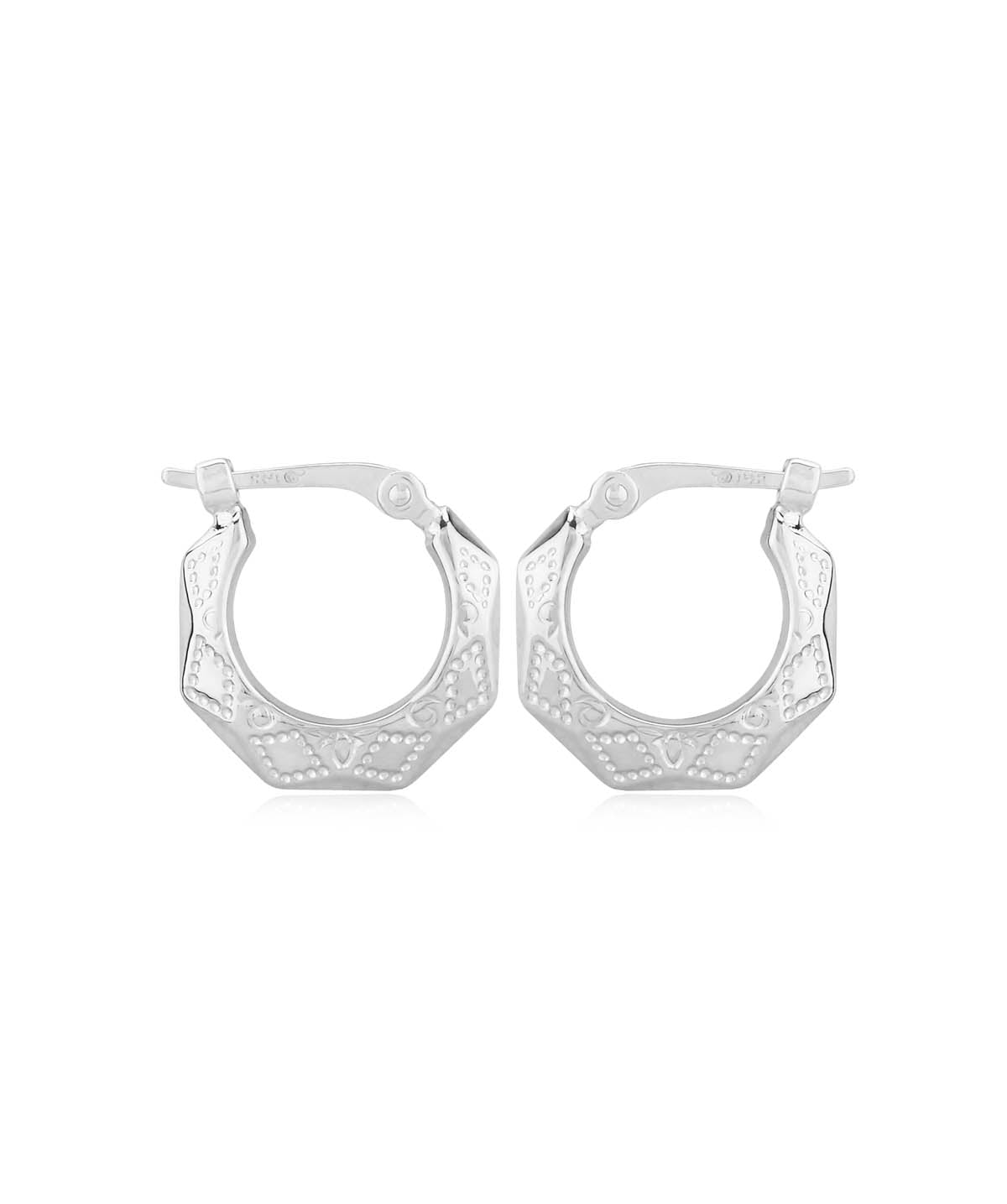 14K White Gold Diamond Cut Embossed Hoop Earrings