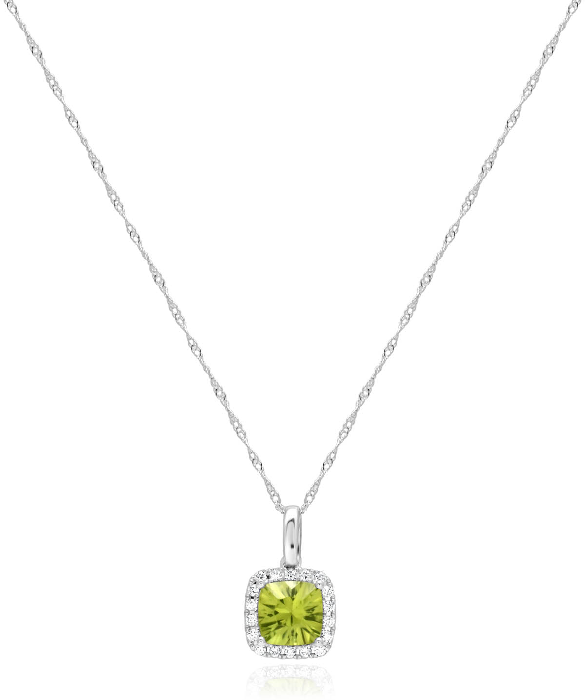 14K White Gold Princess Peridot and Diamond Halo Pendant Necklace