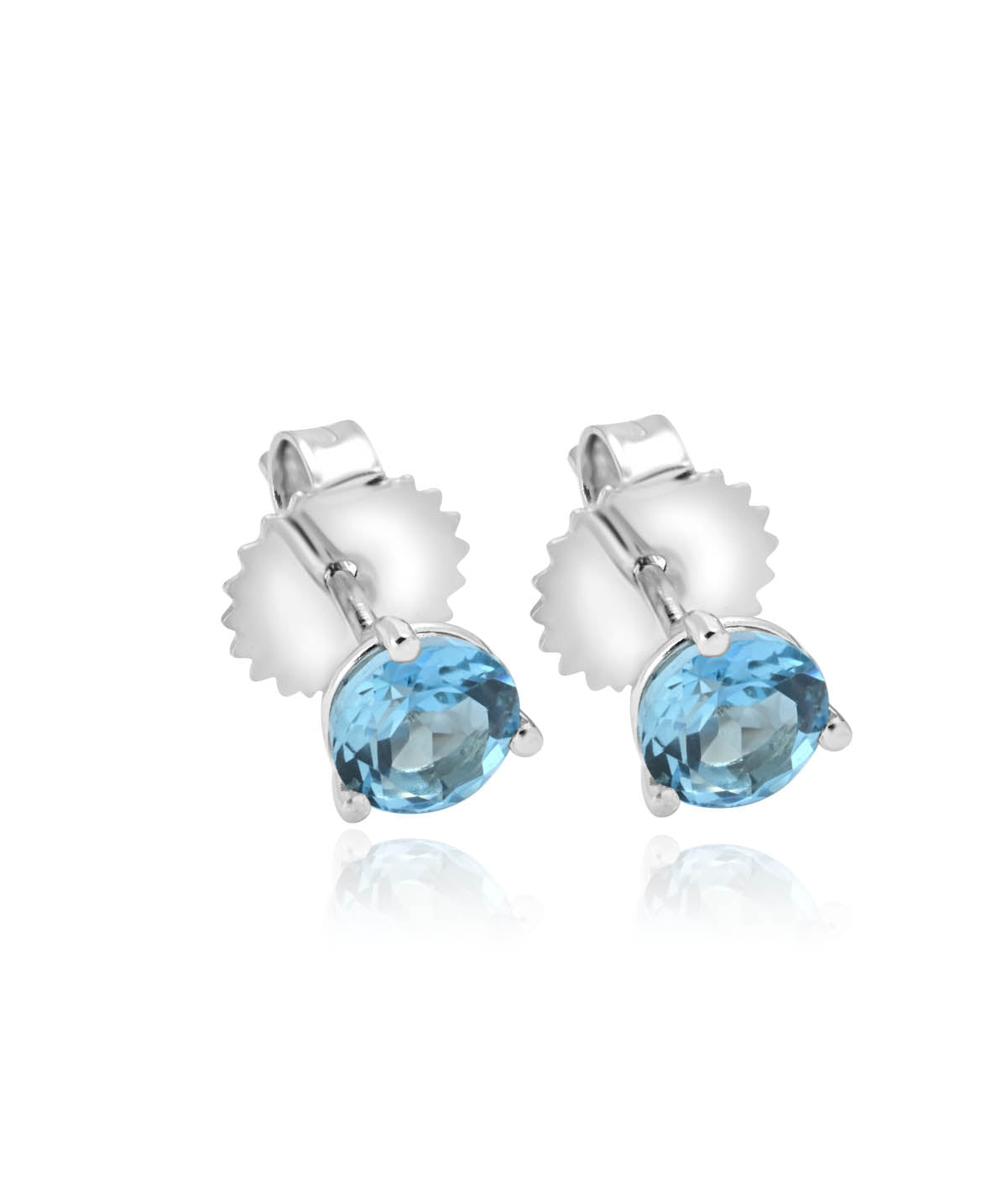 White Gold Blue Topaz Three Prong Friction Back Stud Earrings