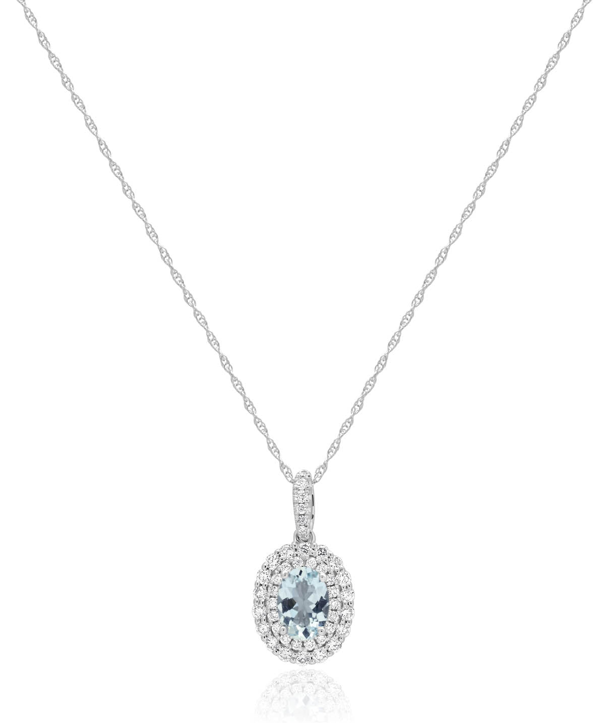 14K White Gold 0.66ct Aquamarine and Diamond Halo Pendant Necklace