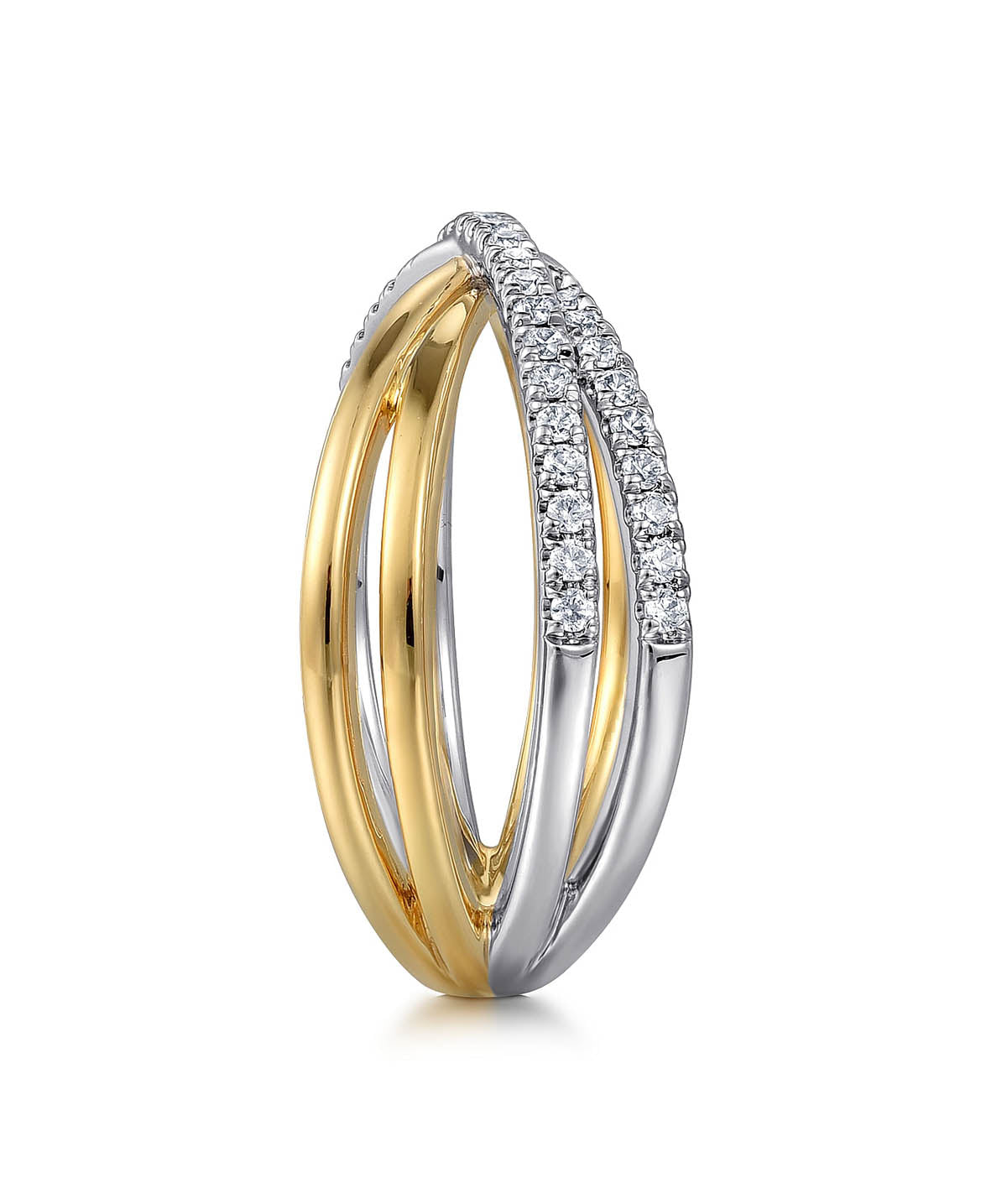 14K White and Yellow Gold Diamond Criss Cross Ladies Ring