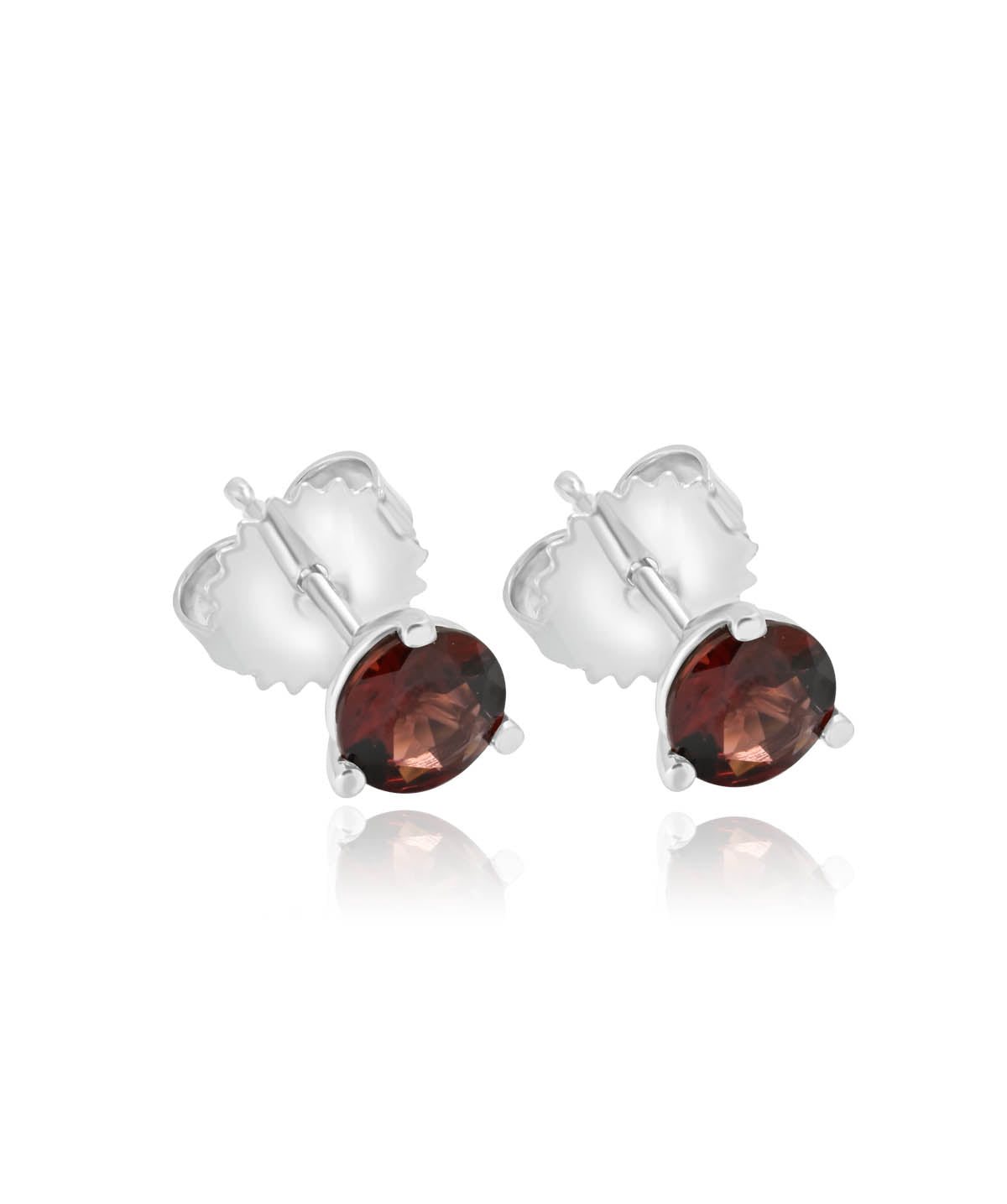 White Gold Garnet Three Prong Friction Back Stud Earrings