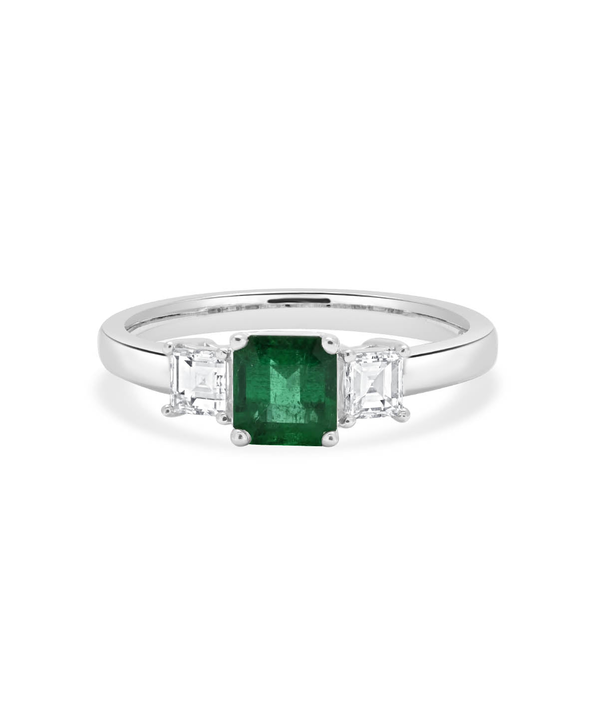 18K White Gold Three Stone Diamond & Emerald Ring