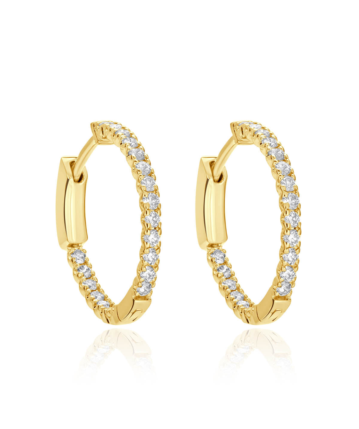 14K Yellow Gold Round Inside Outside Diamond Hoop Earrings