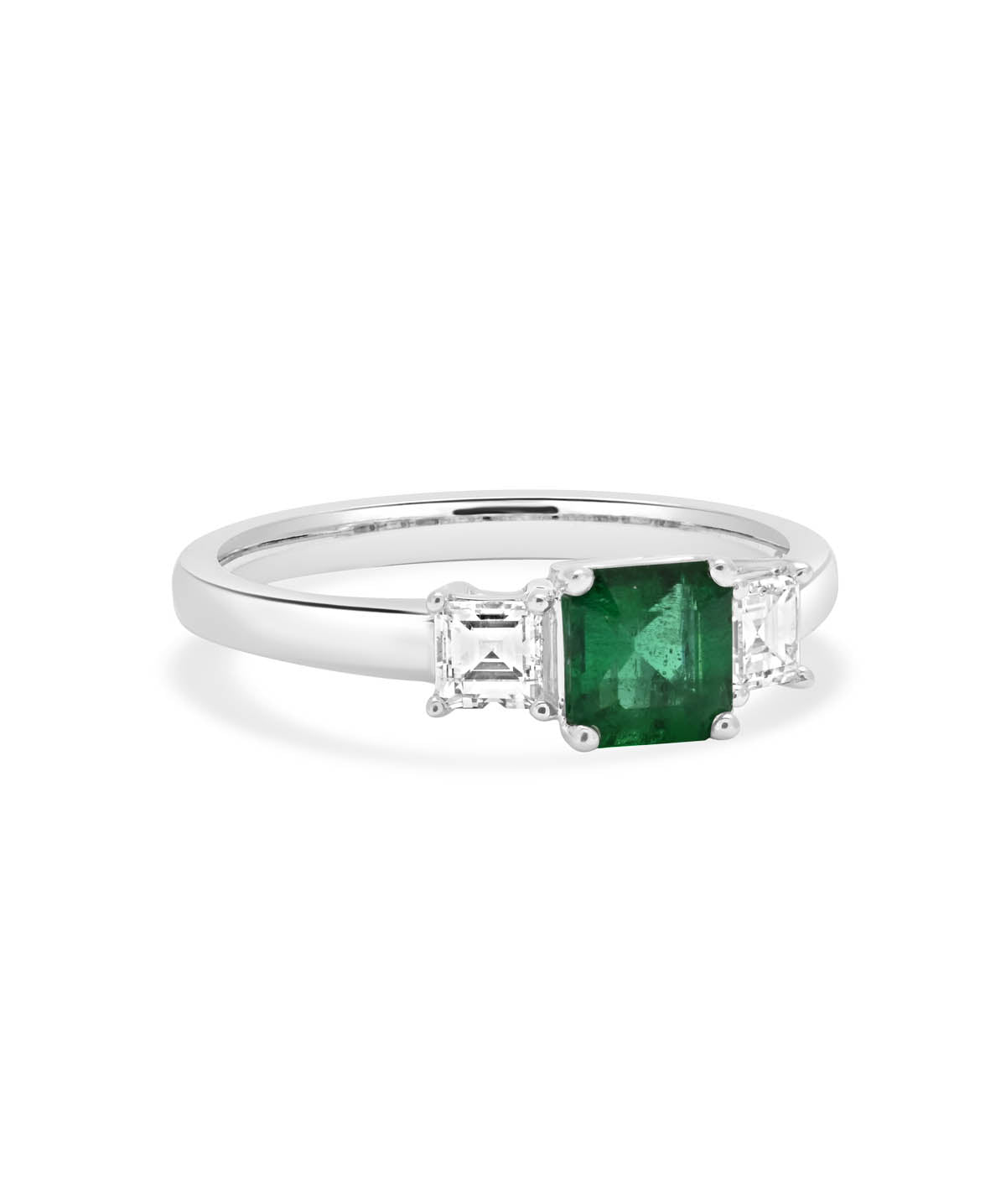 18K White Gold Three Stone 0.61 Emerald & Diamond Ring