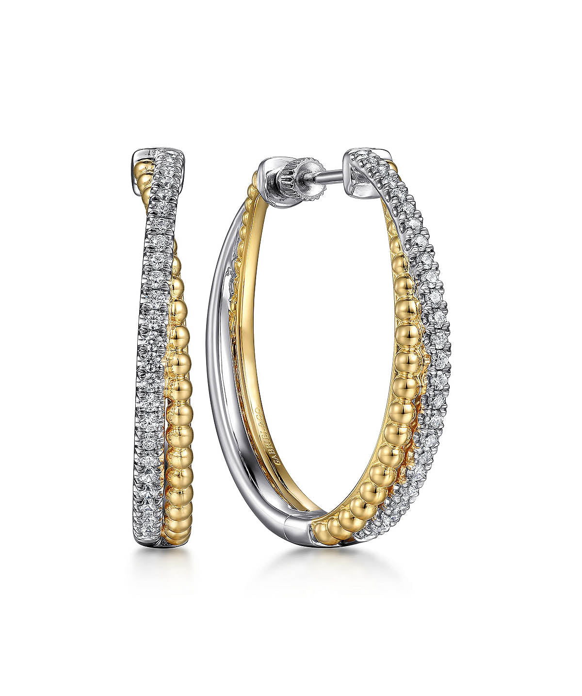 14K White-Yellow Gold Diamond Bujukan Intricate 35mm Hoop Earrings