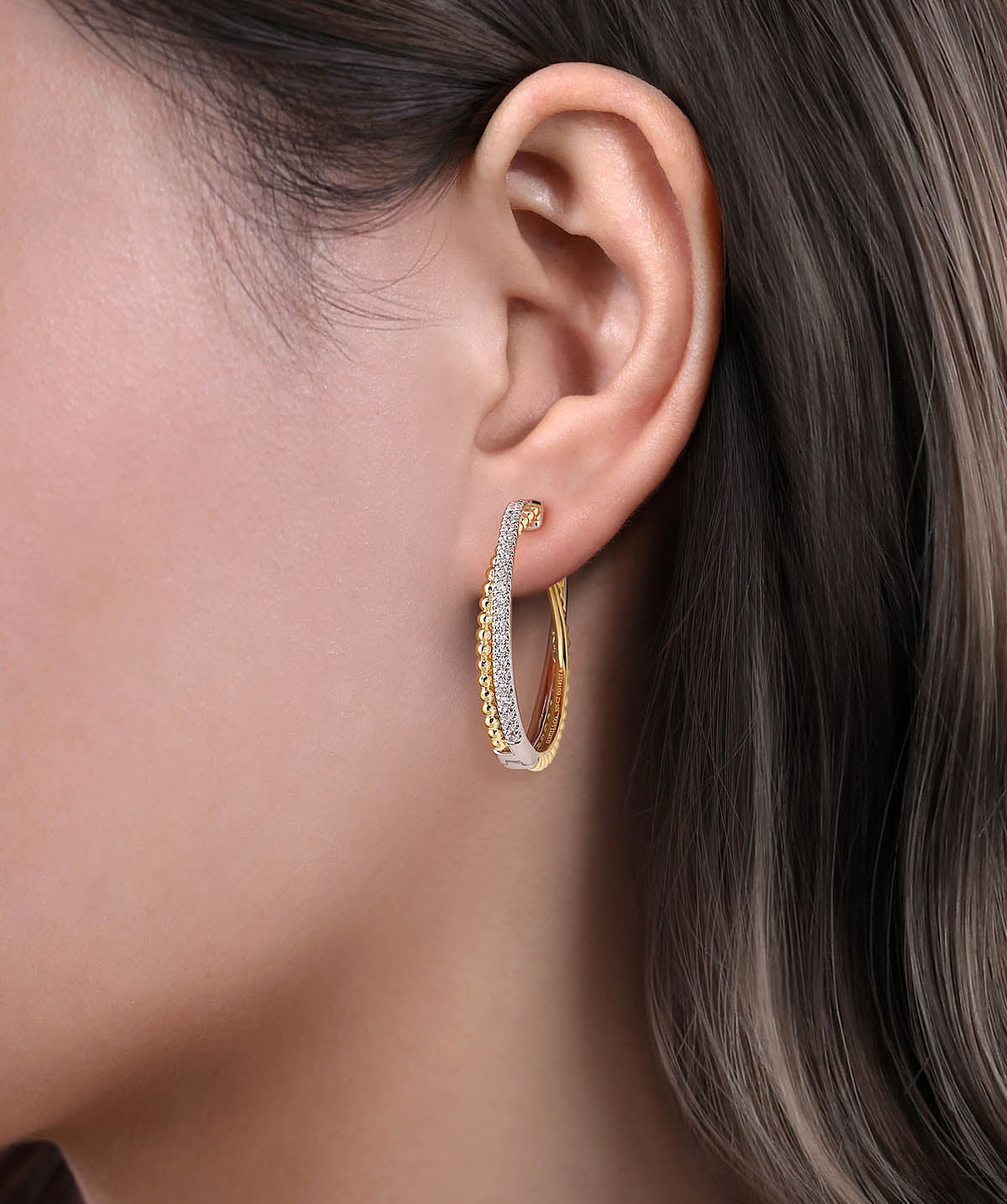 14K White-Yellow Gold Diamond Bujukan Intricate 35mm Hoop Earrings