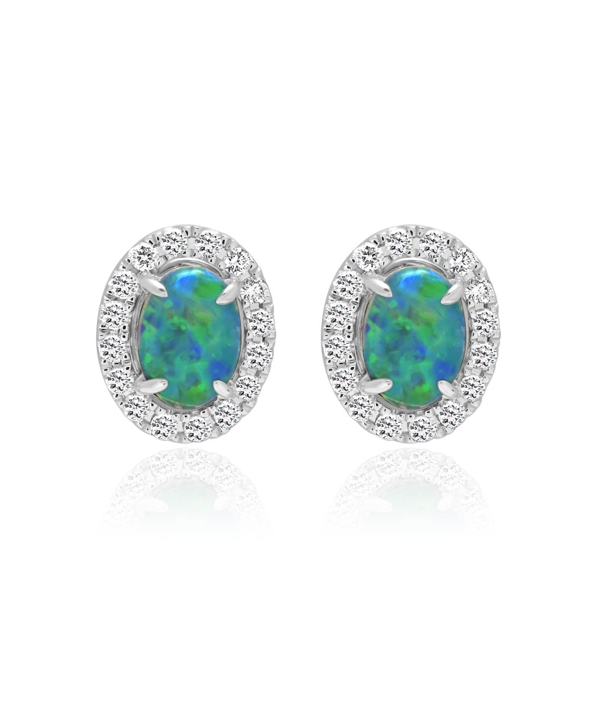 14K White Gold Opal & Diamond Halo Stud Earrings