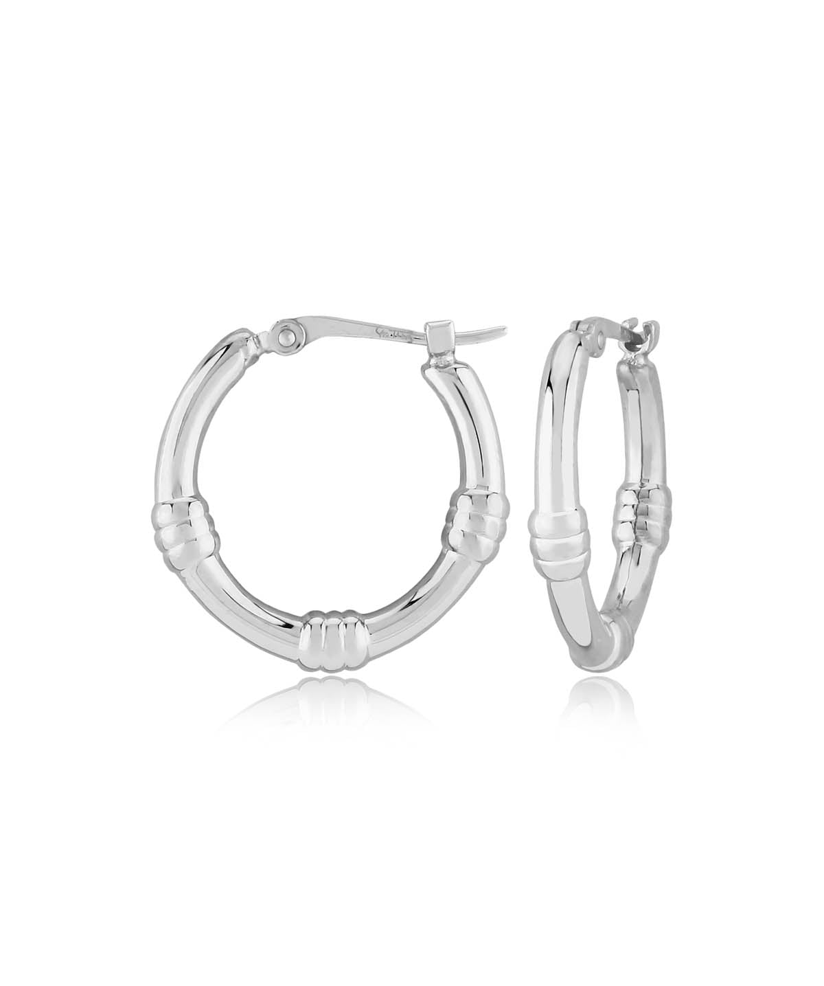 14K White Gold Small Round Bamboo Accented Hoop Earrings