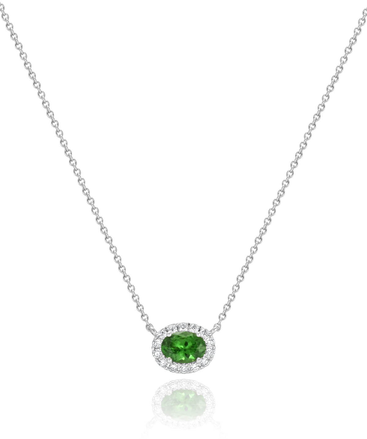 14K White Gold 1.00ct Tsavorite and Diamond Halo East/West Pendant Necklace