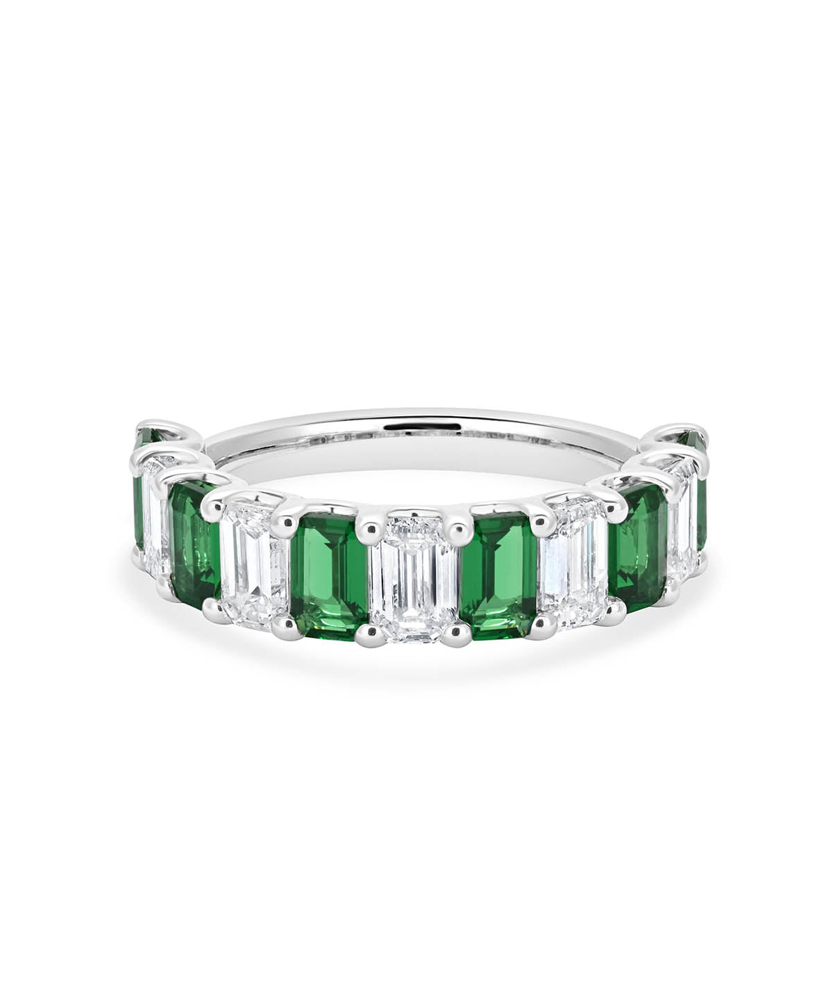 14K White Gold Lab Grown Emerald Cut Diamond and Emerald Band Ring