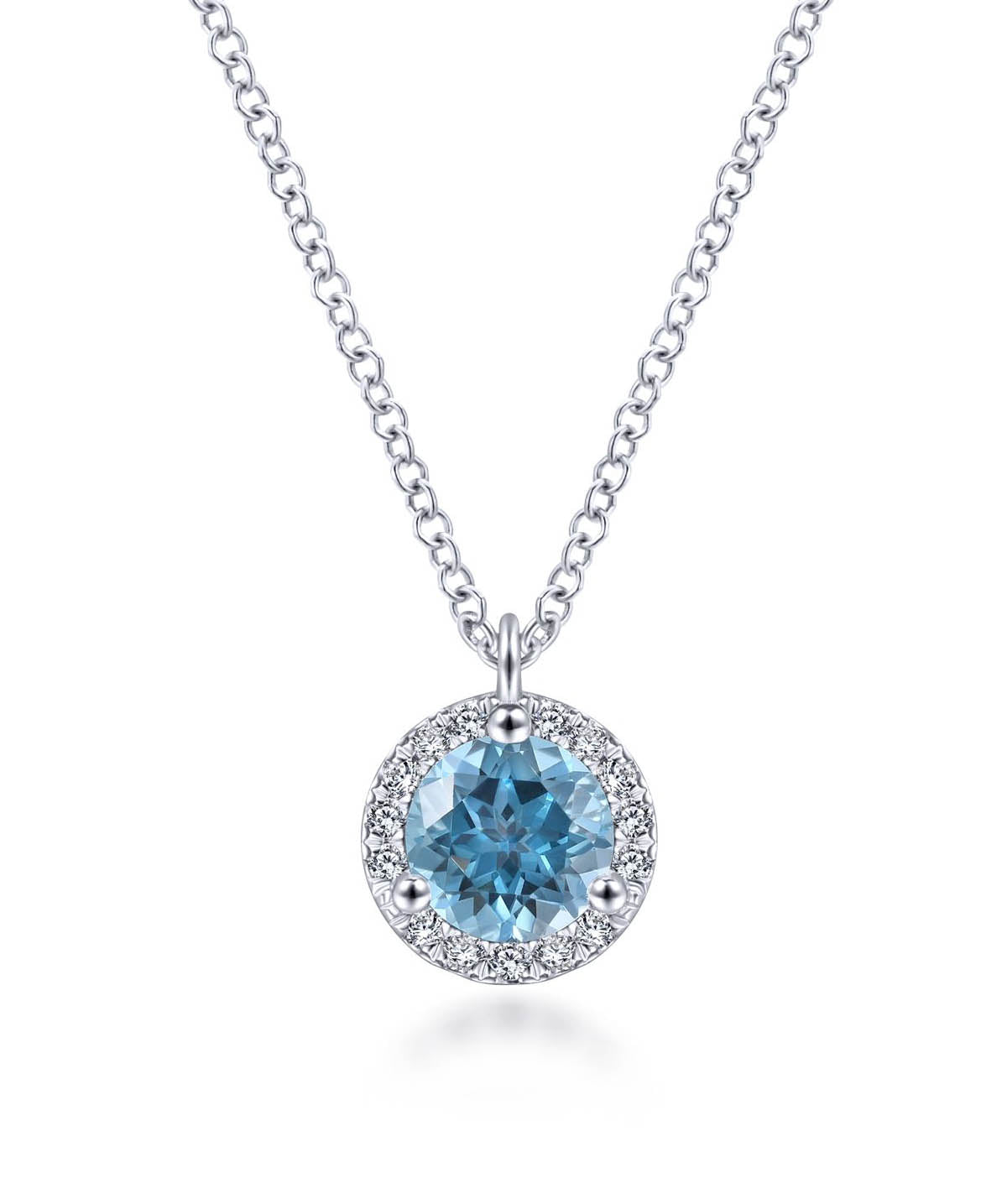 14K White Gold Round Blue Topaz and Diamond Halo Pendant Necklace