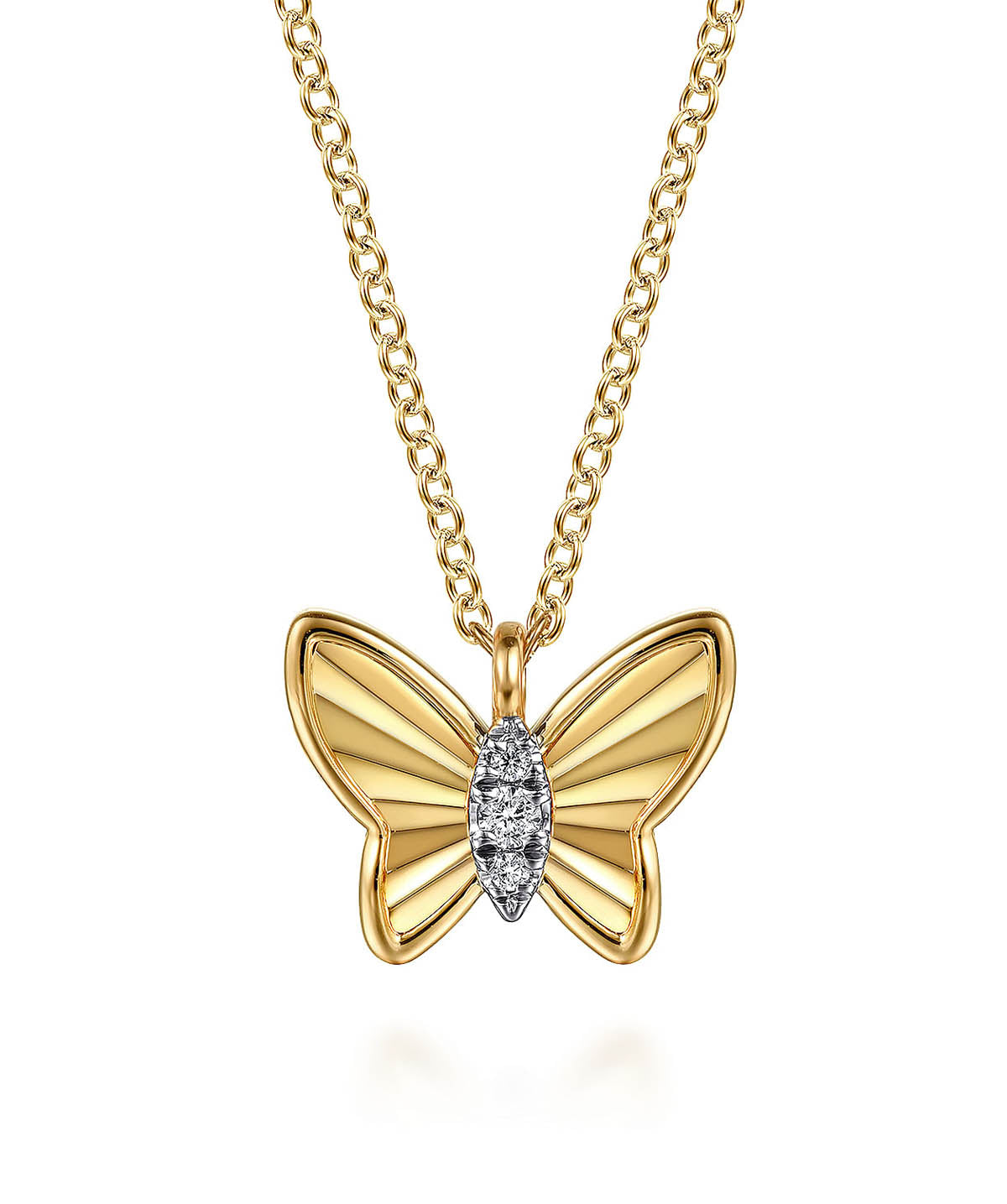 14K Yellow Gold Butterfly Necklace With Diamond Cut Finish And Graduating Diamonds