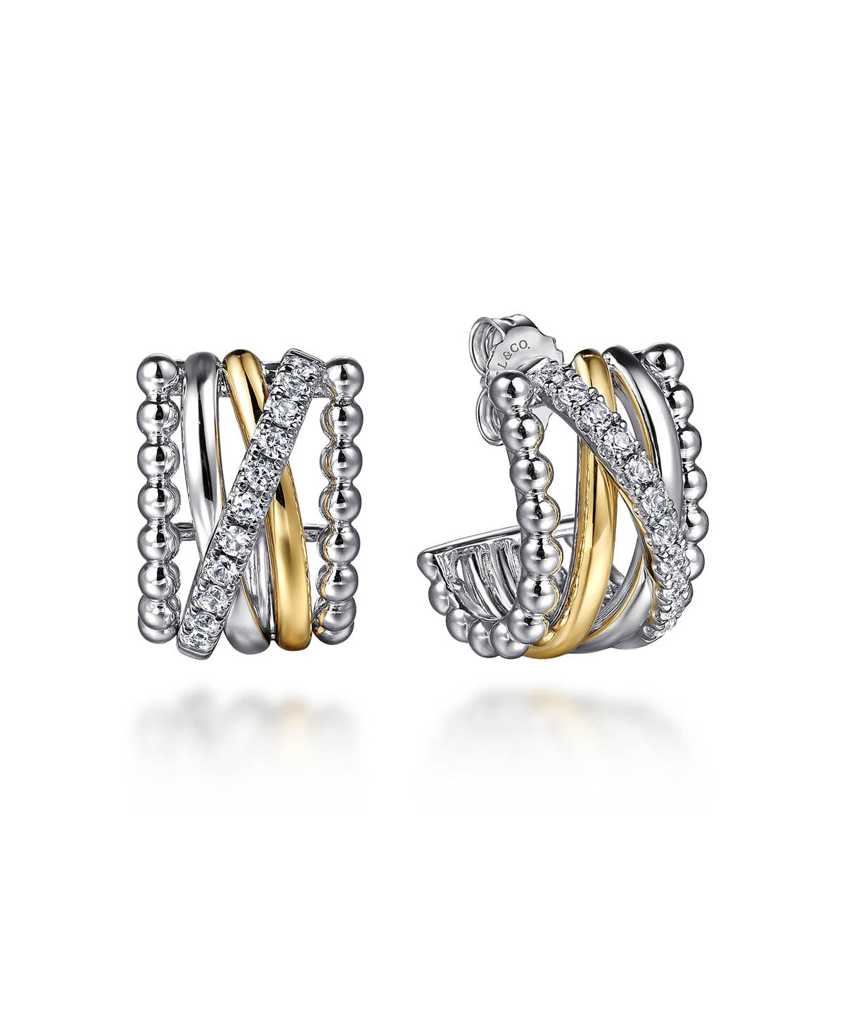 925 Sterling Silver and 14K Yellow Gold Bujukan White Sapphire Criss Cross J Hoop Earrings