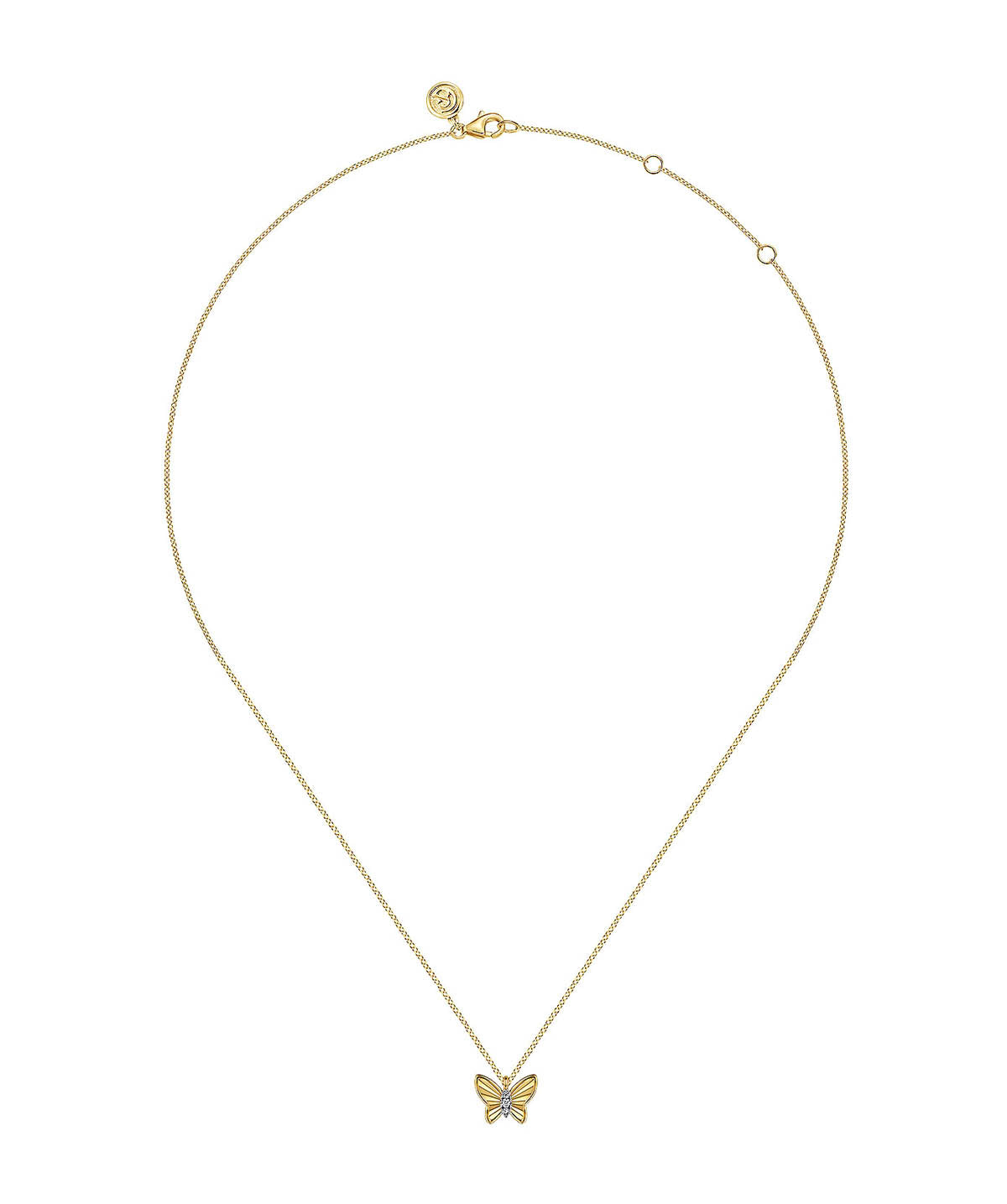 14K Yellow Gold Butterfly Necklace With Diamond Cut Finish And Graduating Diamonds