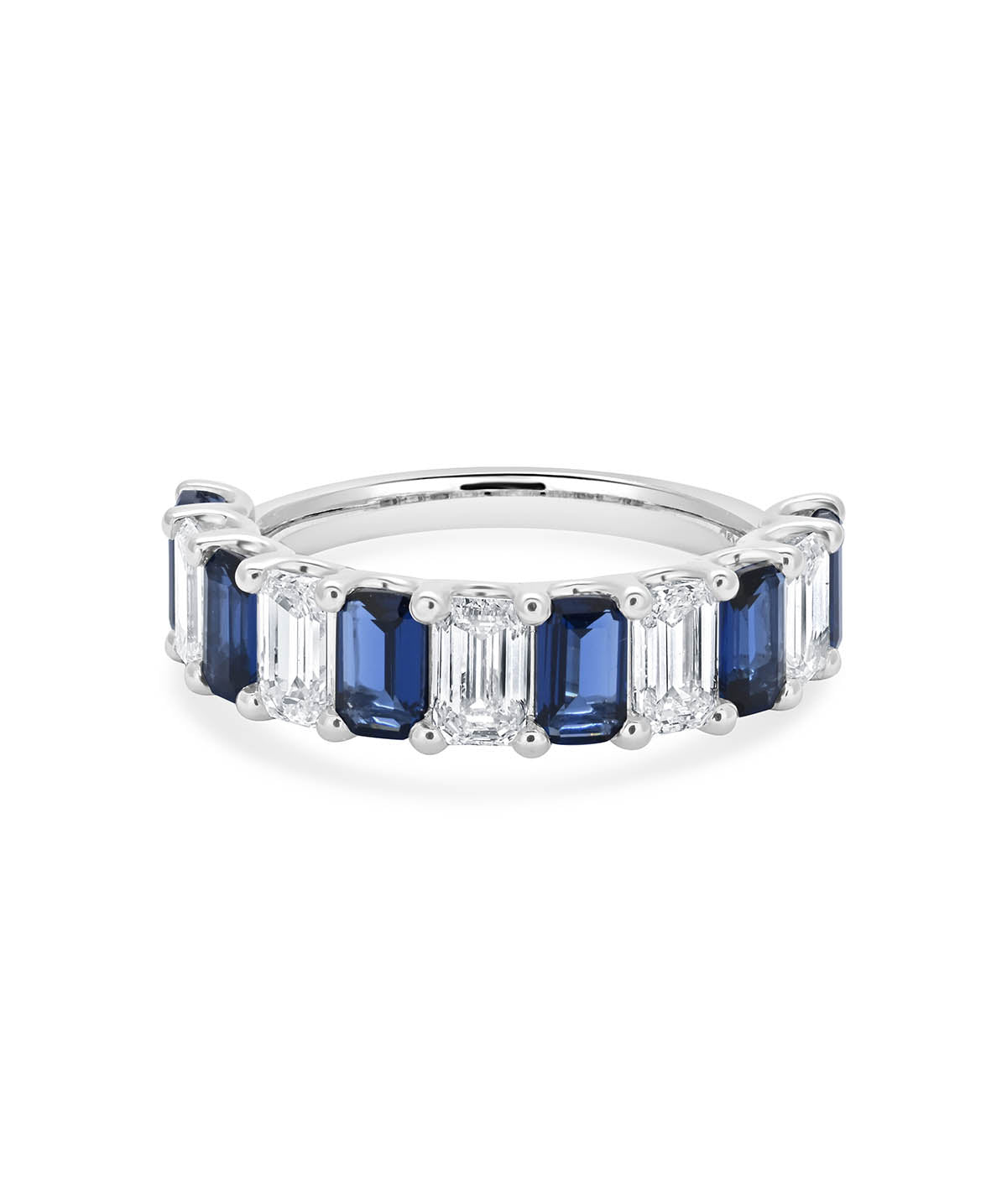 14K White Gold Lab Grown Emerald Cut Diamond and Sapphire Band Ring