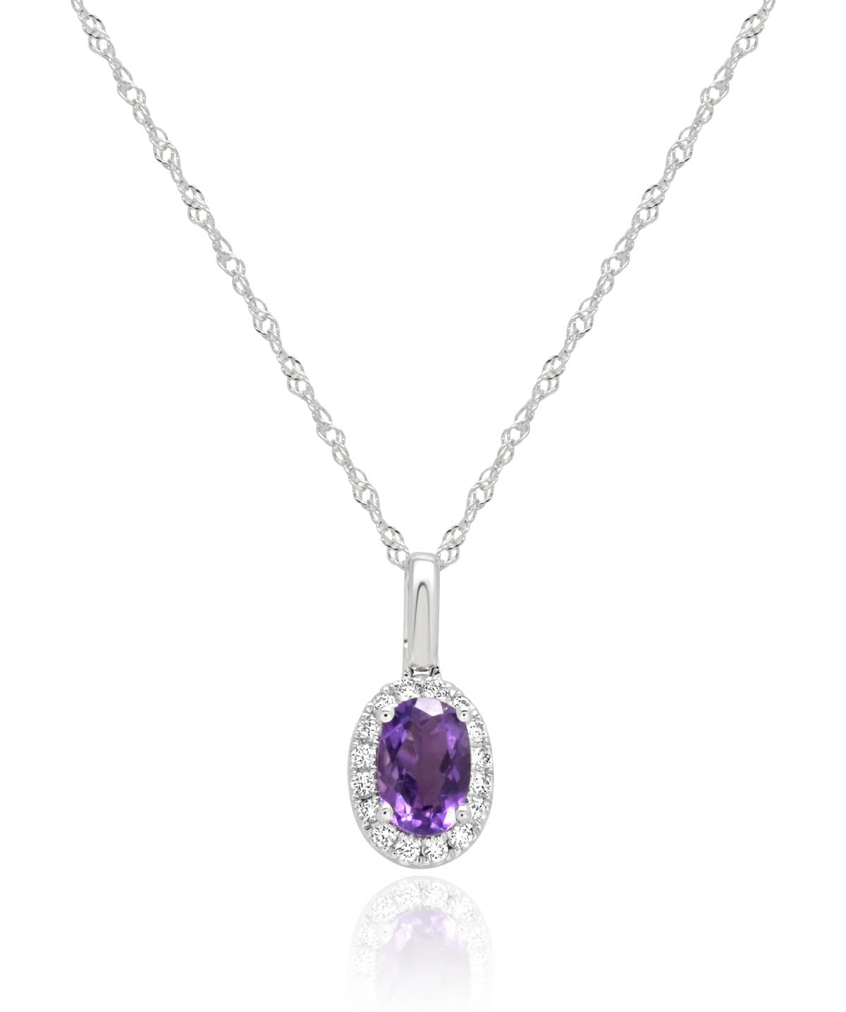 14K White Gold Oval Amethyst and Diamond Halo Pendant