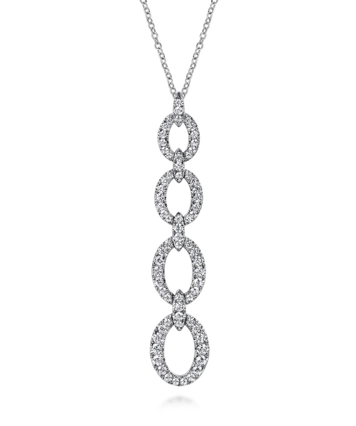 14K White Gold Graduating Diamond Oval Link Drop Pendant Necklace