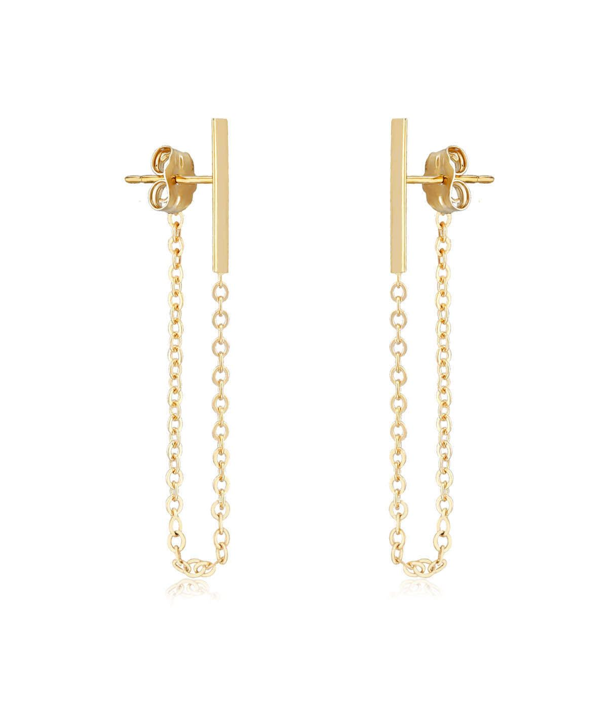 14K Yellow Gold Chain Accented 2x13mm Bar Stud Earrings