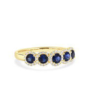 14K Yellow Gold Quintuple Sapphire and Diamond Halo Ring
