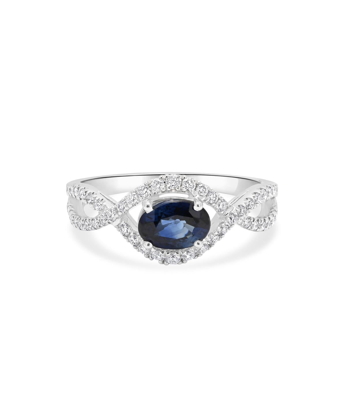 14K White Gold East West 1.00ct Oval Sapphire and Diamond Twist Band Ring