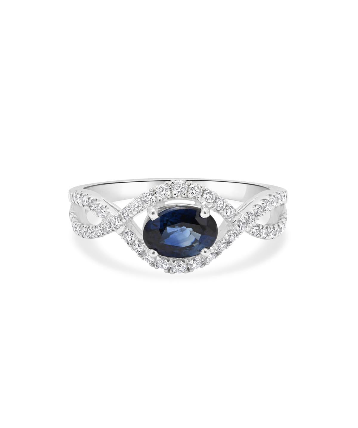 14K White Gold East West Oval Sapphire and Diamond Twist Band Ring